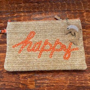 NEW Woven RAFFIA & ORANGE Pleather CLUTCH PURSE *Crystal DOLPHIN KEY FOB* Pocket